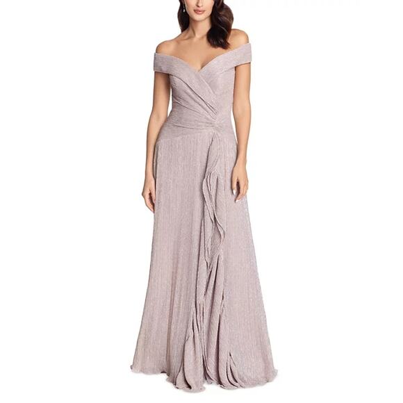 Xscape Ruffled Off-The-Shoulder Evening Sheath Gown Rose Pick Size 12 Petite NWT - Picture 1 of 12
